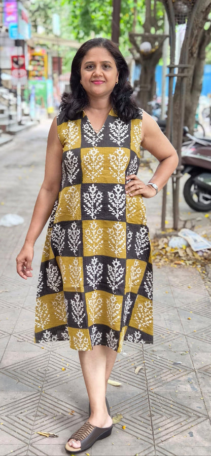 Mustard Yellow Kantha Cotton Knee Length One Piece