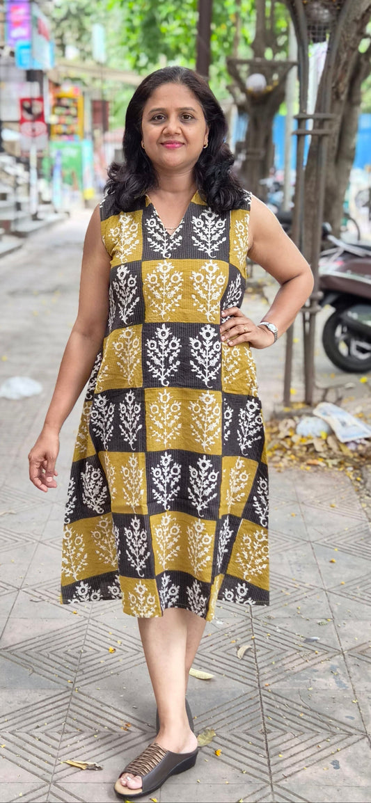 Mustard Yellow Kantha Cotton Knee Length One Piece