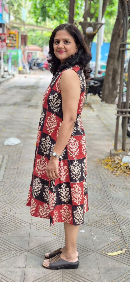 Maroon Kantha Cotton Knee Length One Piece