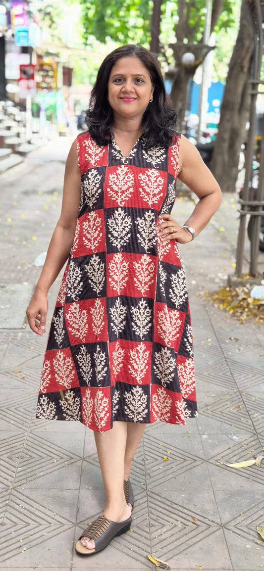 Maroon Kantha Cotton Knee Length One Piece