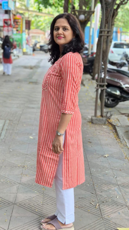 Orange Dabu Block Printed Kurta