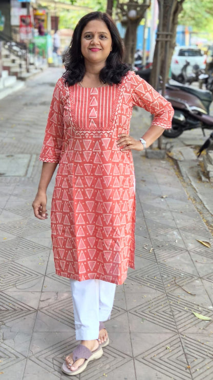 Orange Dabu Block Printed Kurta