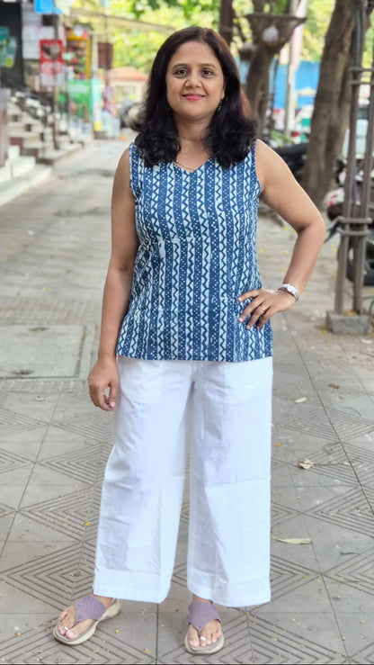Indigo block Printed Sleeveless Short Top