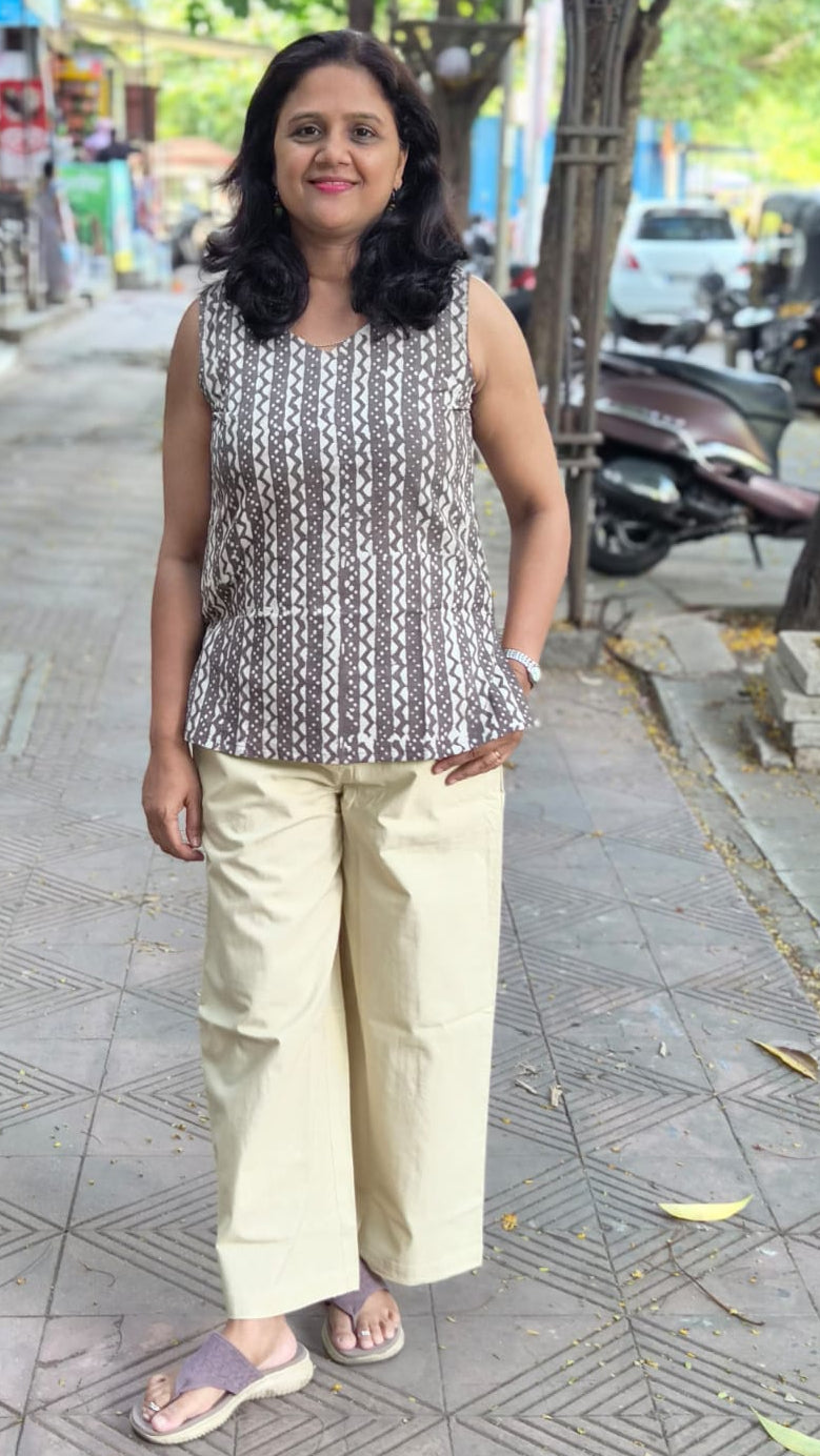Beige Cotton Wide Leg Pant