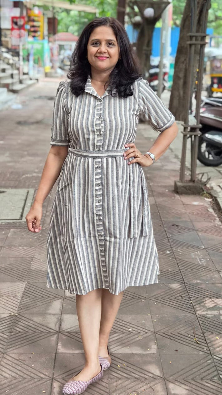 Brown Cotton Slub Knee Length One Piece