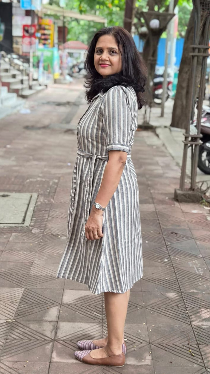 Brown Cotton Slub Knee Length One Piece