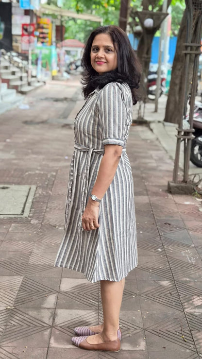 Brown Cotton Slub Knee Length One Piece