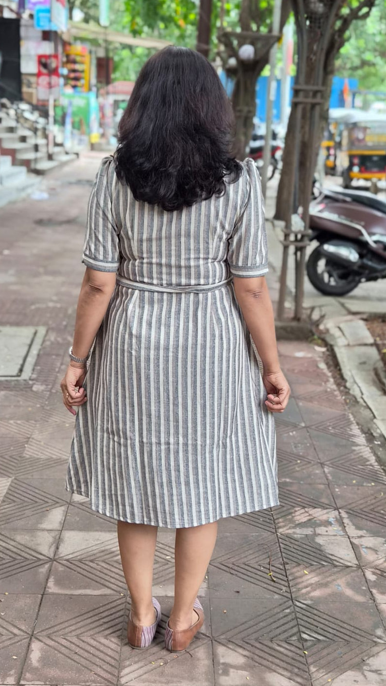 Brown Cotton Slub Knee Length One Piece