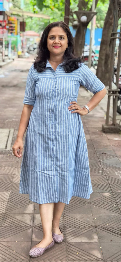 Blue Cotton Slub Knee Length One Piece