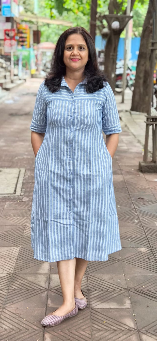 Blue Cotton Slub Knee Length One Piece