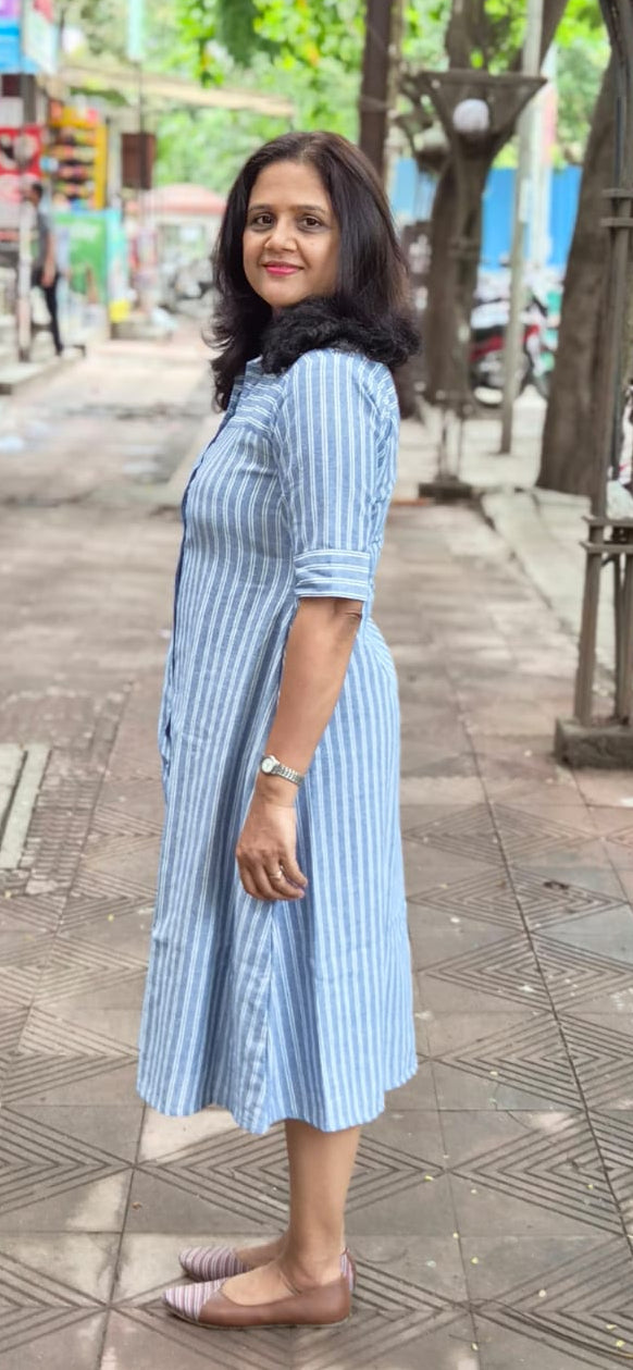 Blue Cotton Slub Knee Length One Piece