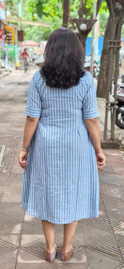 Blue Cotton Slub Knee Length One Piece