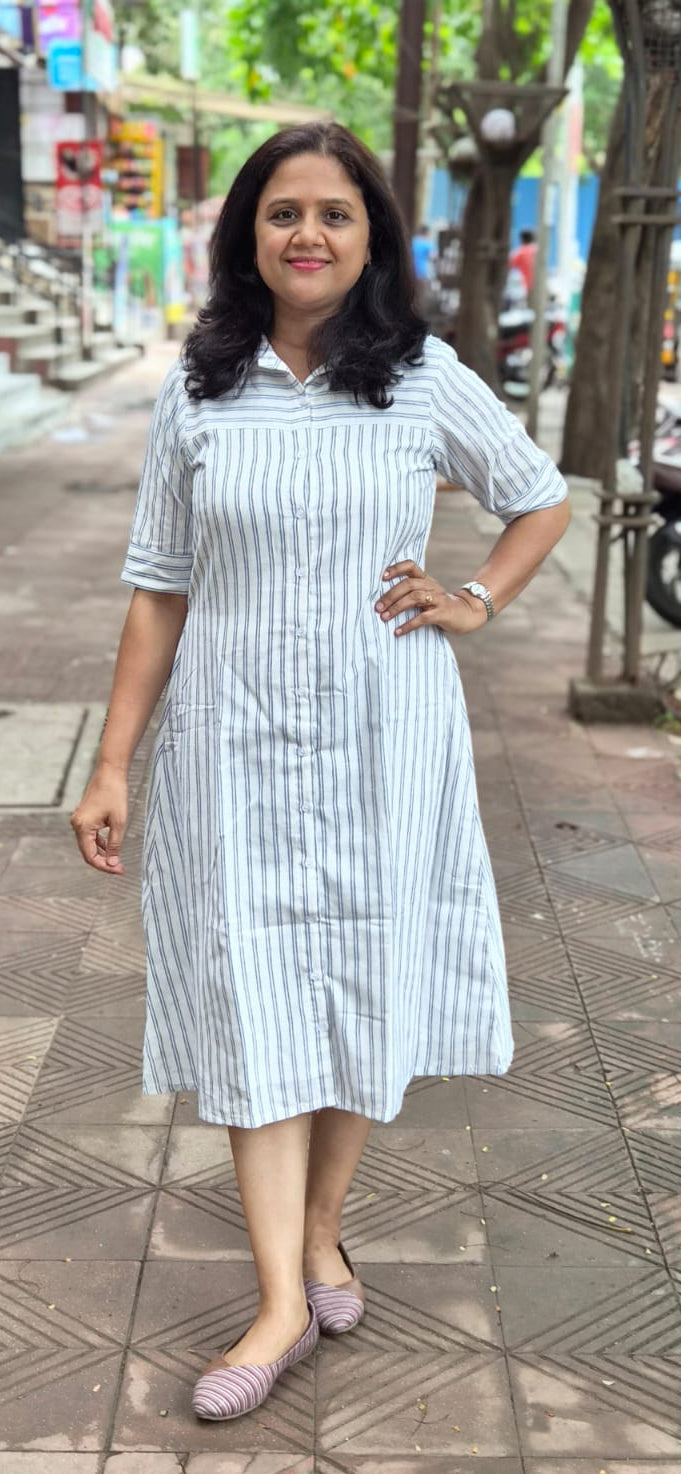 White Cotton Slub Knee Length One Piece