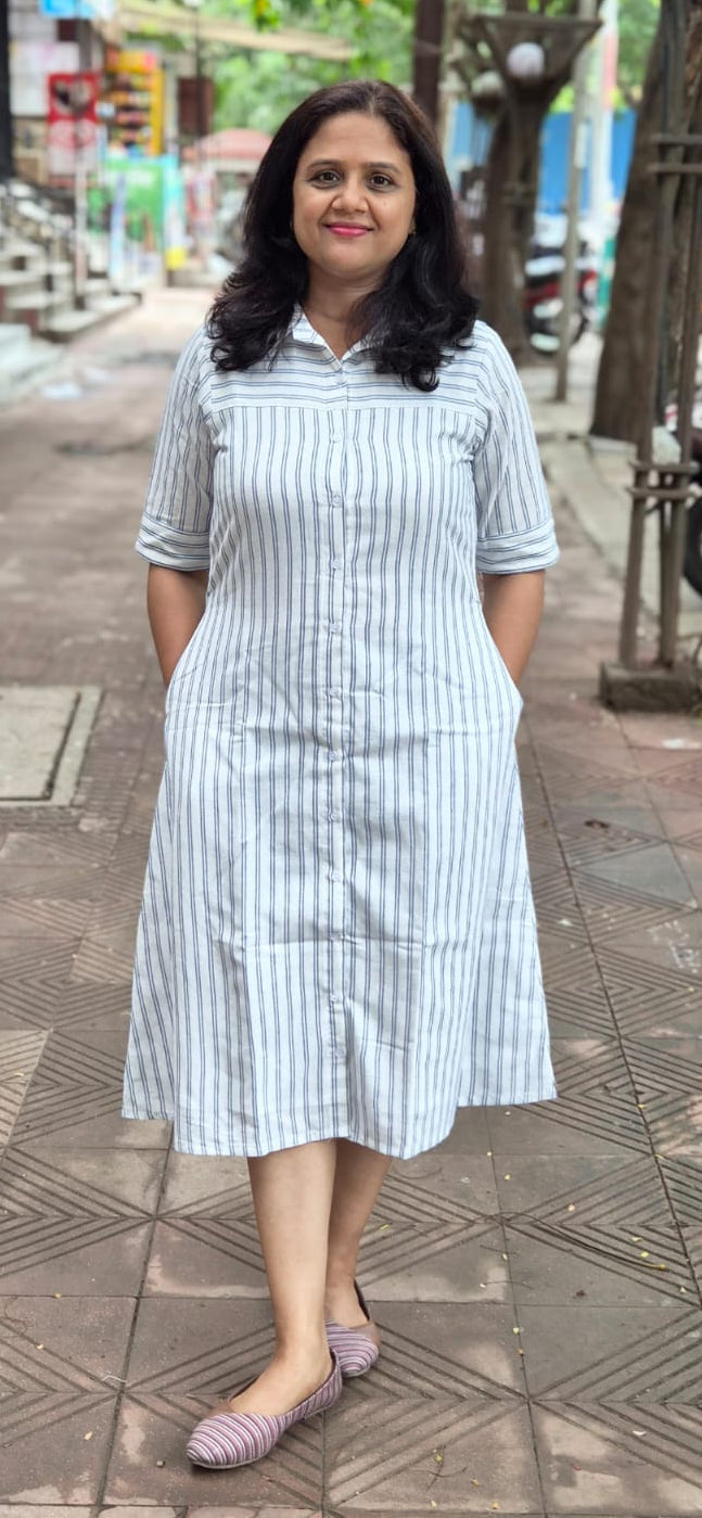 White Cotton Slub Knee Length One Piece