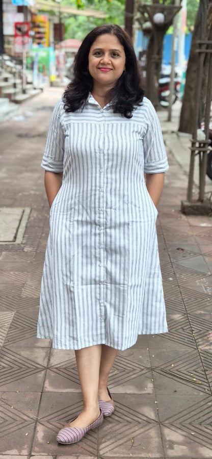 White Cotton Slub Knee Length One Piece
