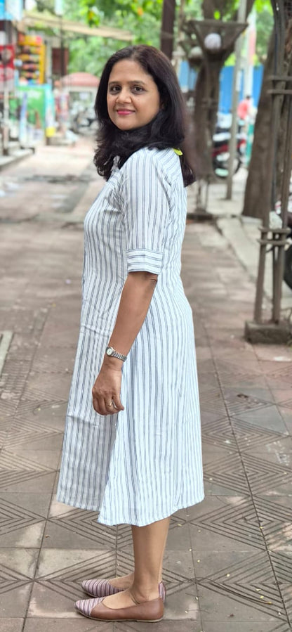 White Cotton Slub Knee Length One Piece