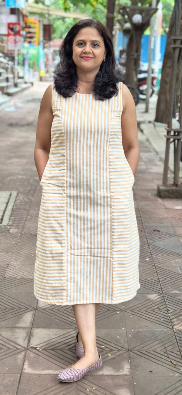 Yellow Cotton Slub Knee Length One Piece