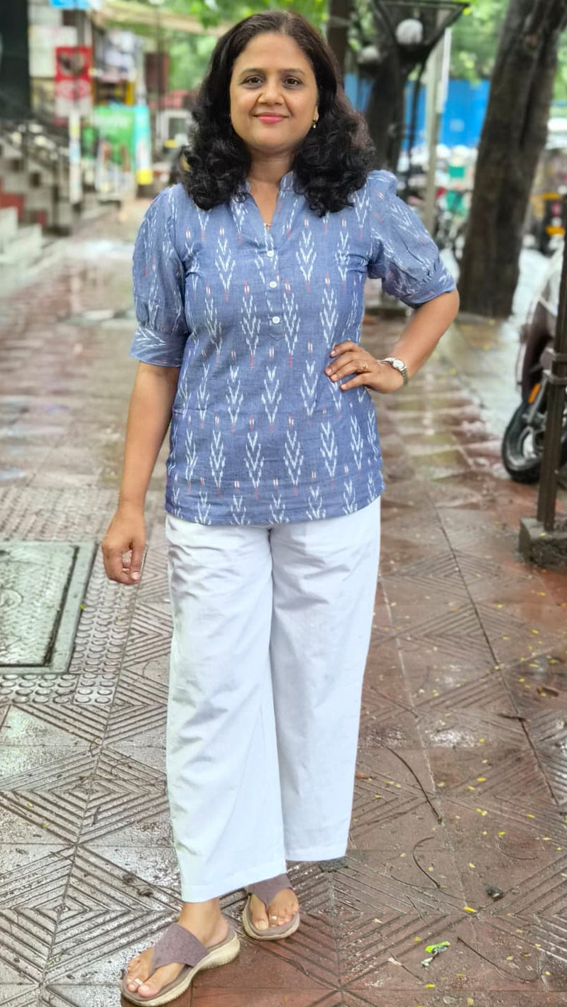 Gray Blue Cotton Ikkat Short Top