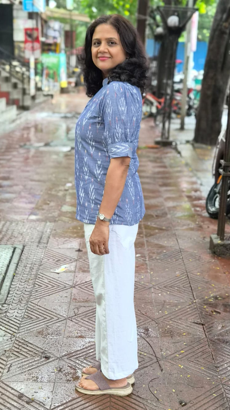 Gray Blue Cotton Ikkat Short Top