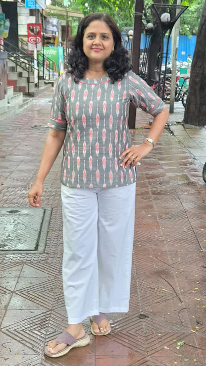 Gray Pink Cotton Ikkat Short Top