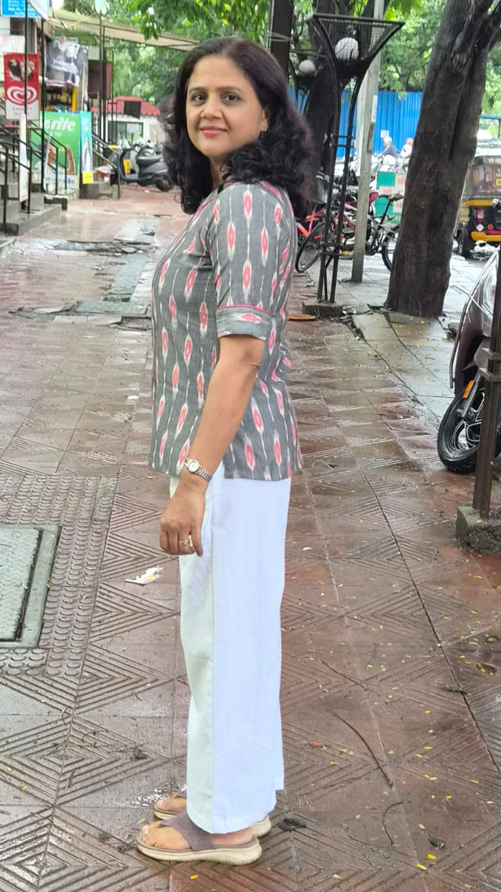 Gray Pink Cotton Ikkat Short Top