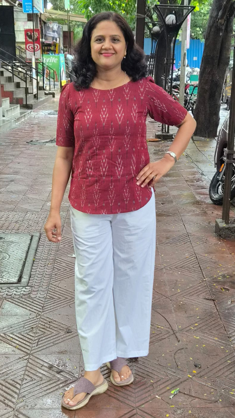 Maroon Cotton Ikkat Short Top
