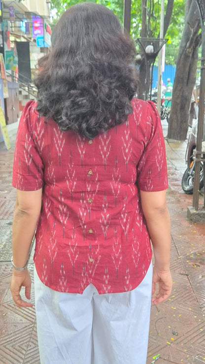Maroon Cotton Ikkat Short Top