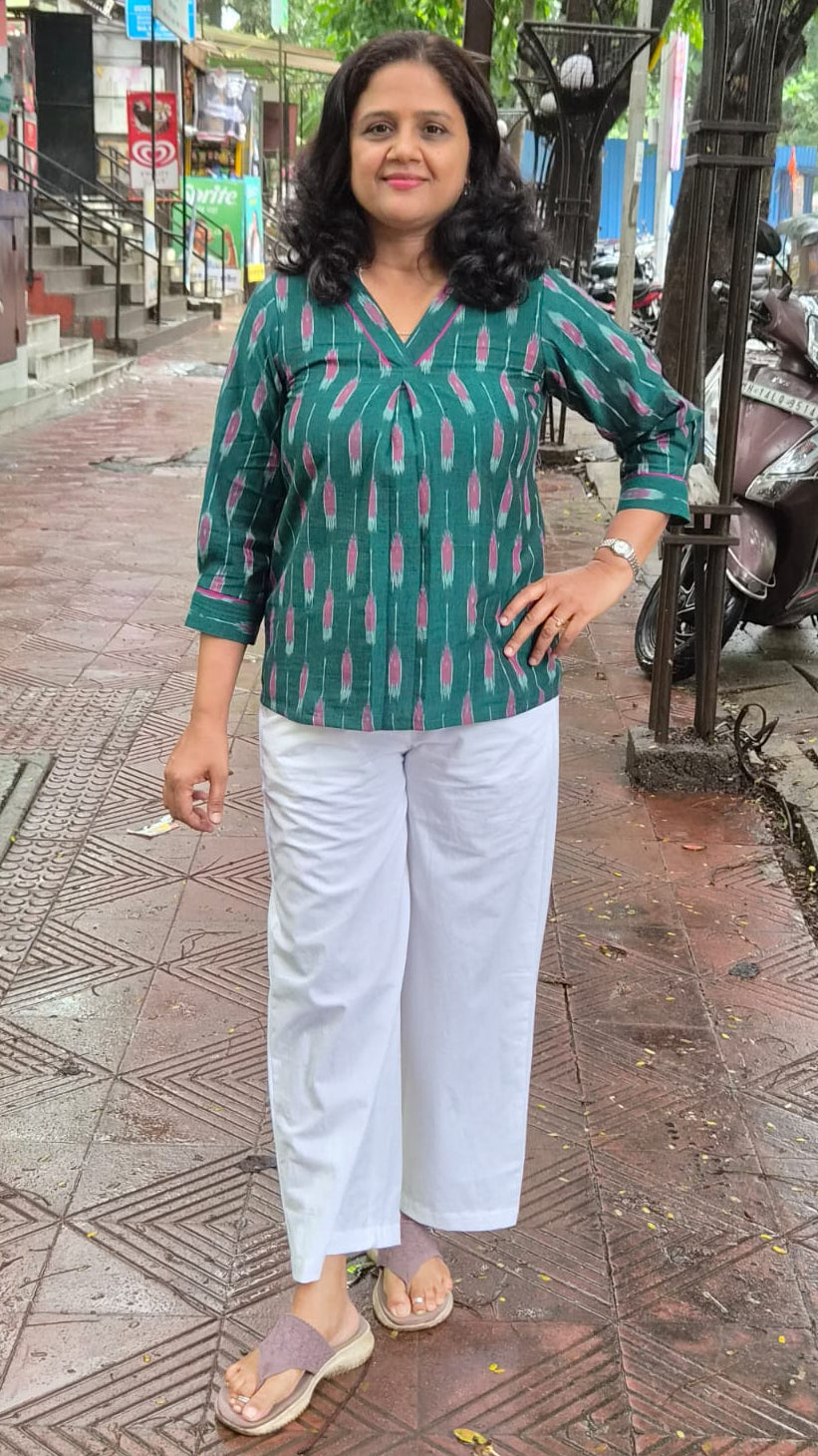 Bottle Green  Cotton Ikkat Short Top