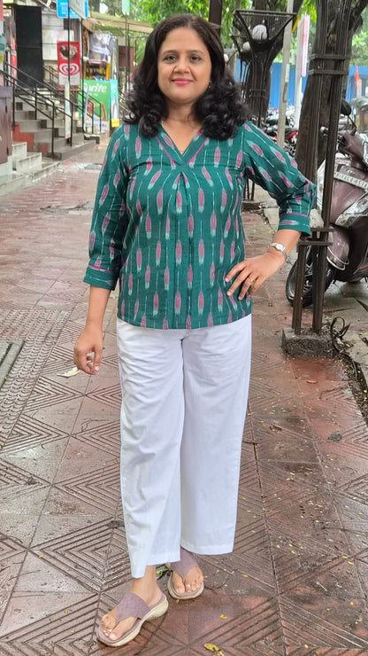 Bottle Green  Cotton Ikkat Short Top