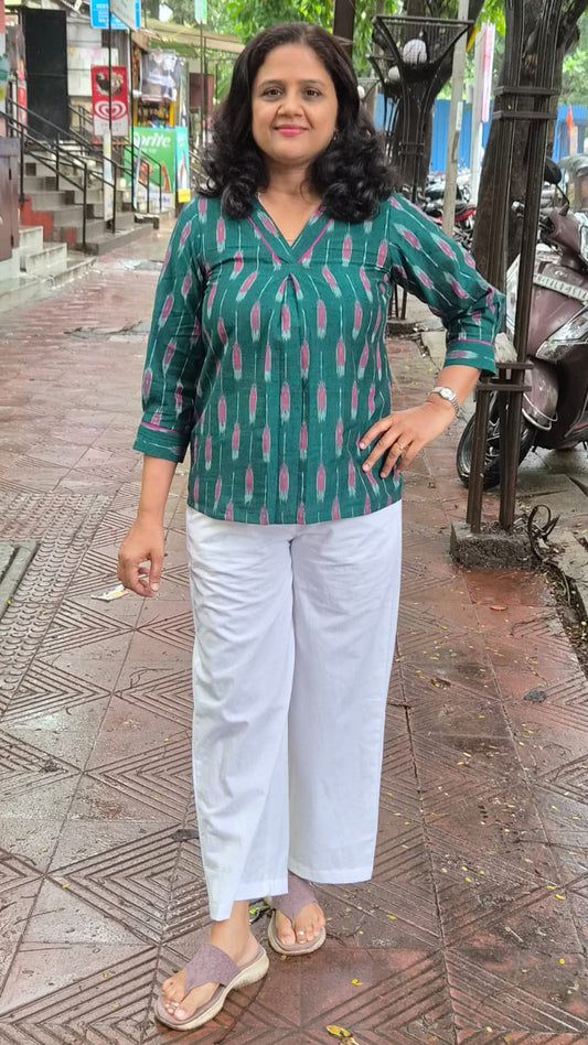 Bottle Green  Cotton Ikkat Short Top