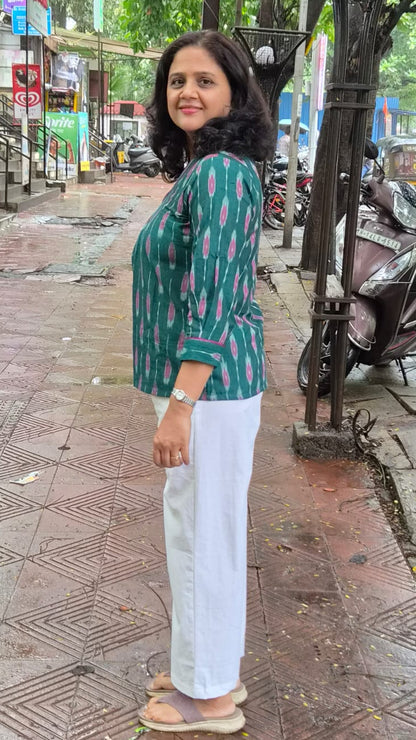 Bottle Green  Cotton Ikkat Short Top