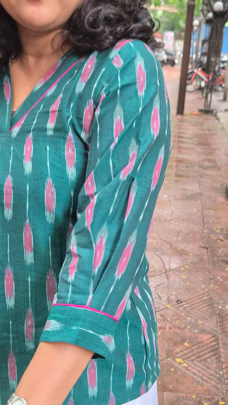 Bottle Green  Cotton Ikkat Short Top