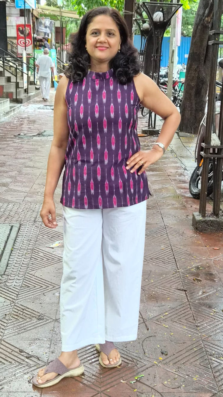 Wine Cotton Ikkat Short Top