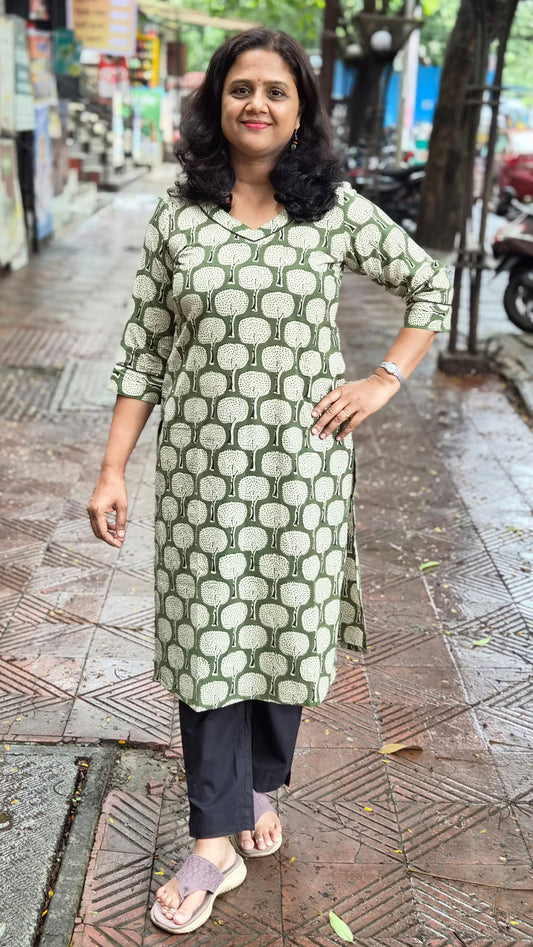 Green Block Printed Kurta
