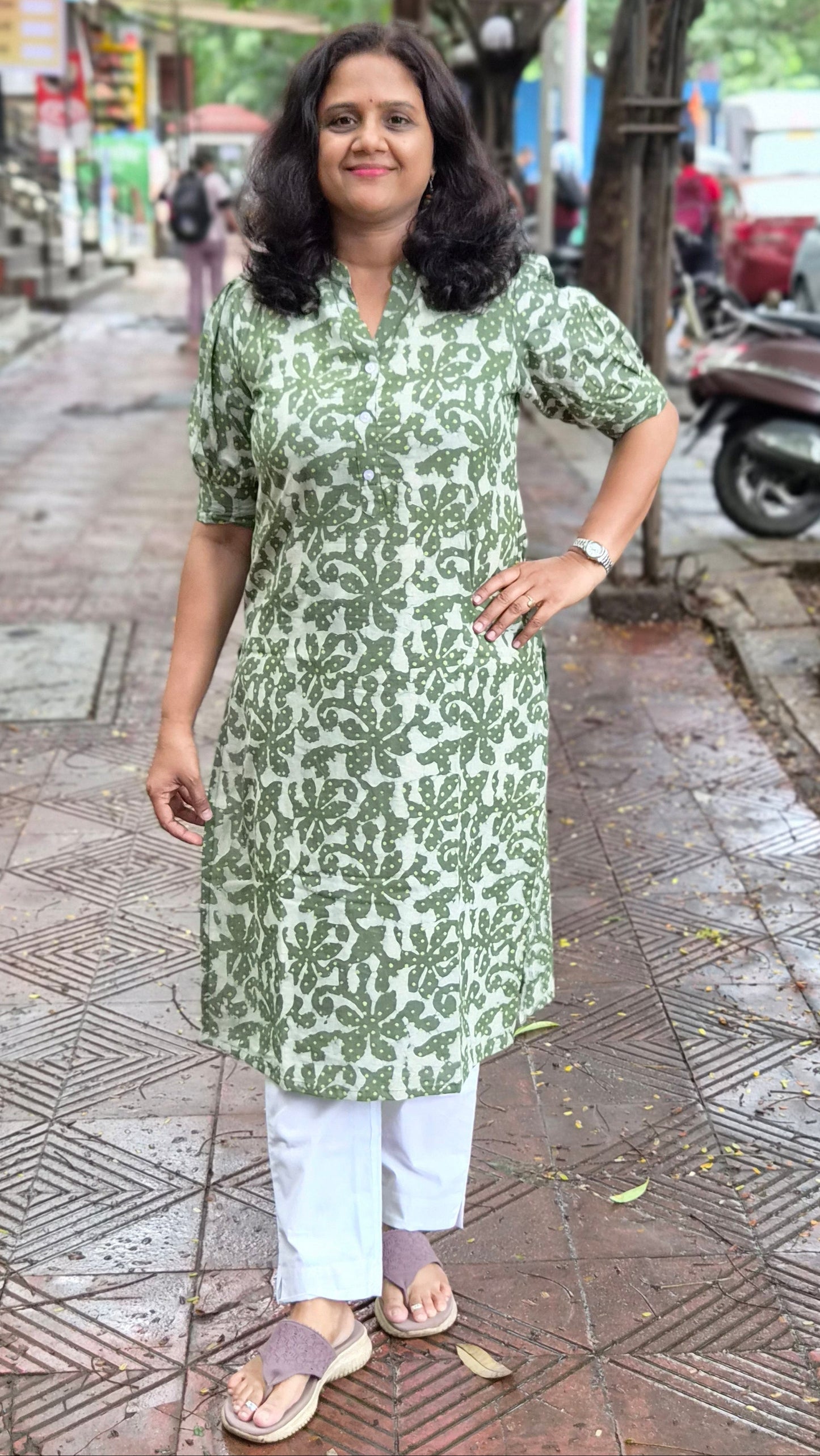 Green Block Printed Cotton Kurta