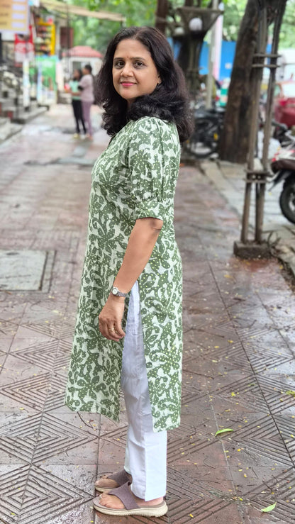 Green Block Printed Cotton Kurta