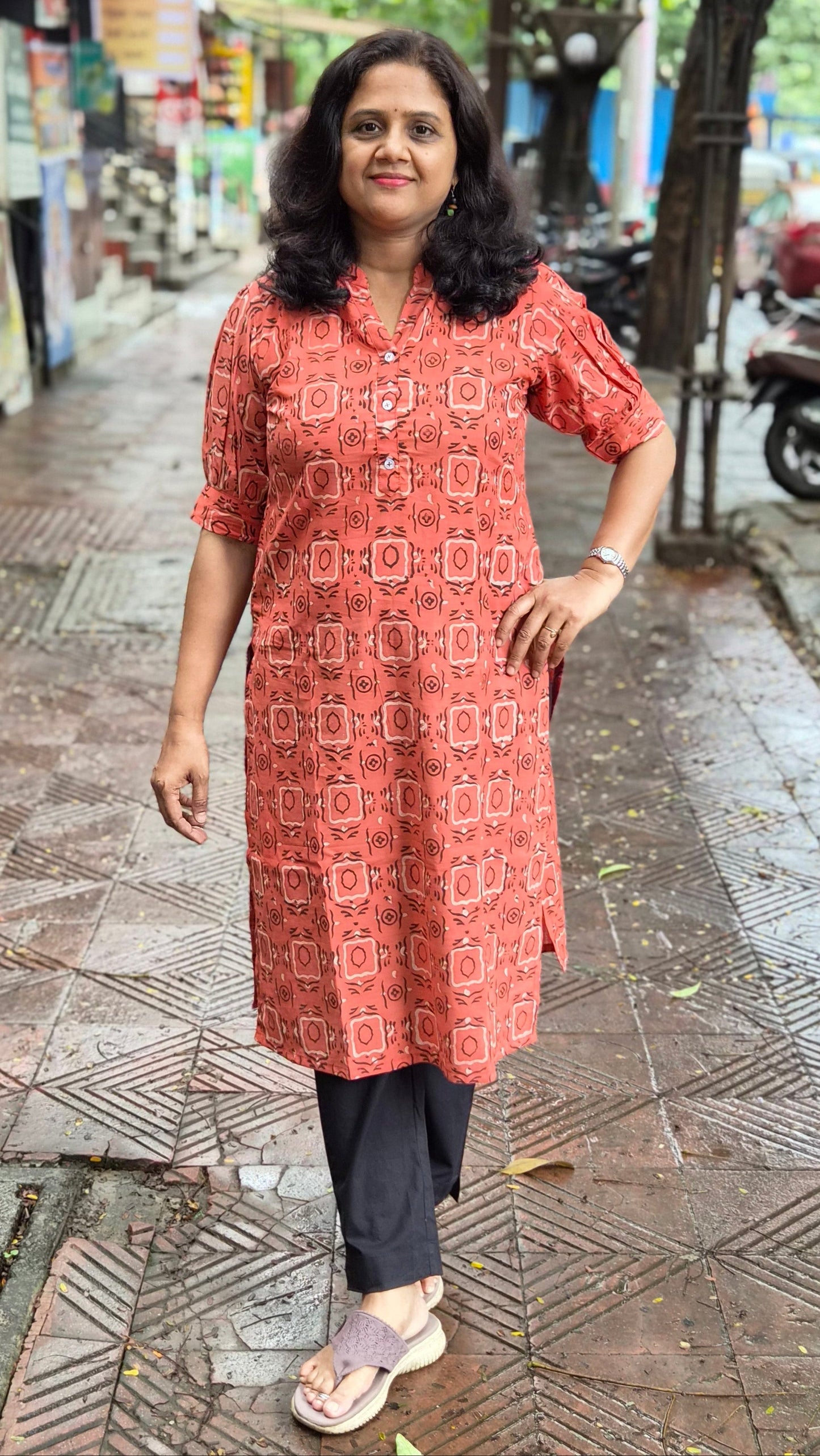 Orange Block Printed Cotton Kurta