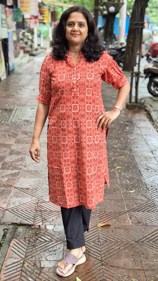 Orange Block Printed Cotton Kurta
