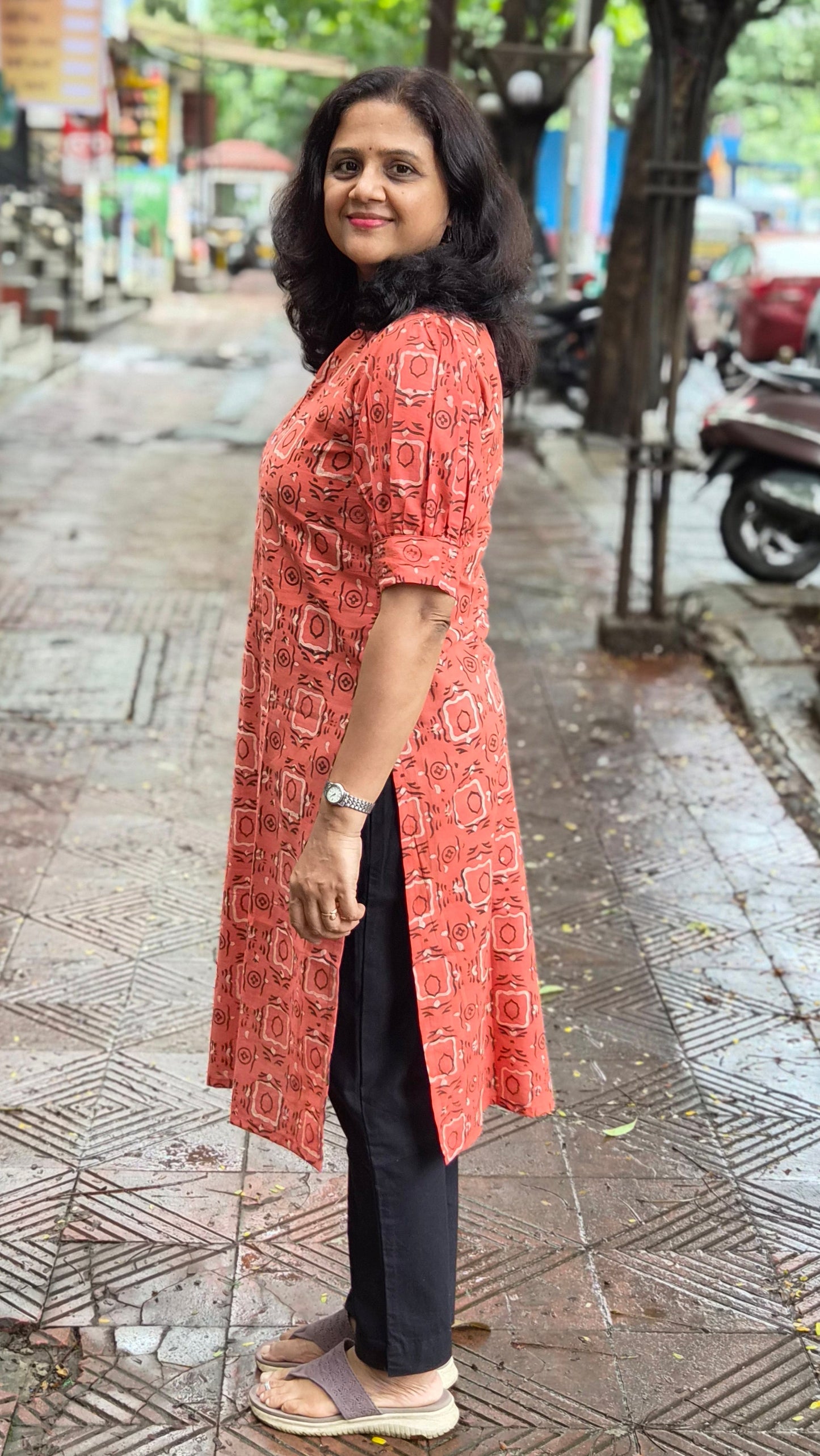 Orange Block Printed Cotton Kurta