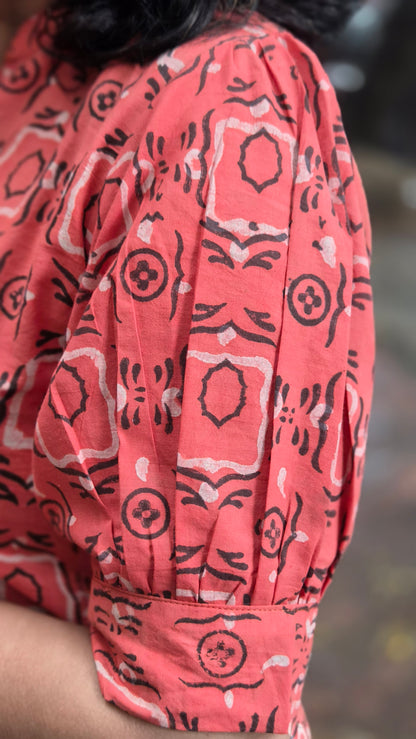 Orange Block Printed Cotton Kurta