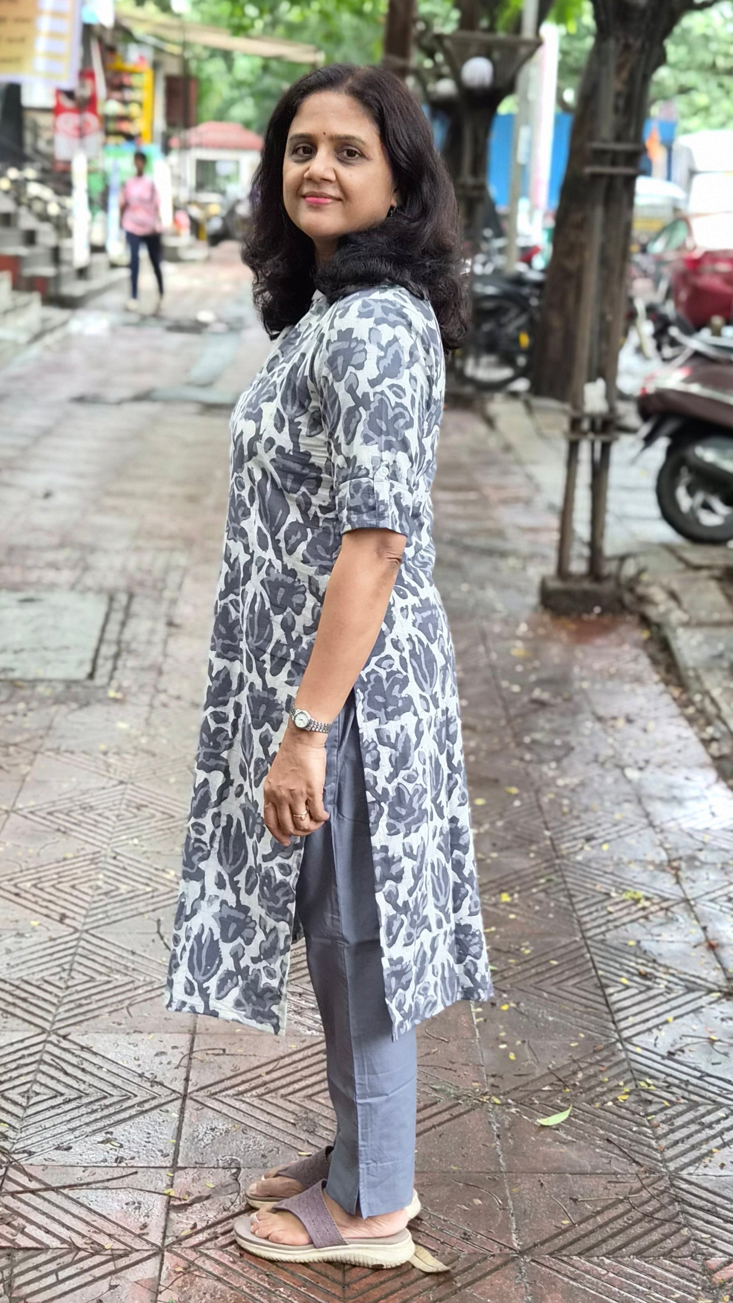 Gray Block Printed Cotton Kurta