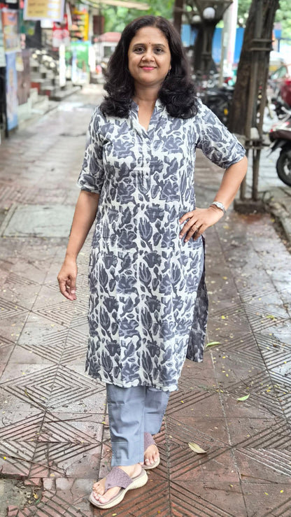 Gray Block Printed Cotton Kurta