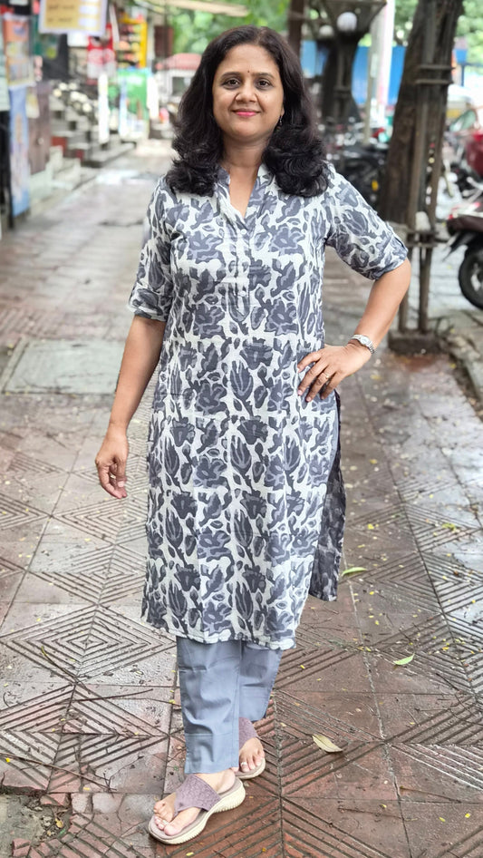 Gray Block Printed Cotton Kurta