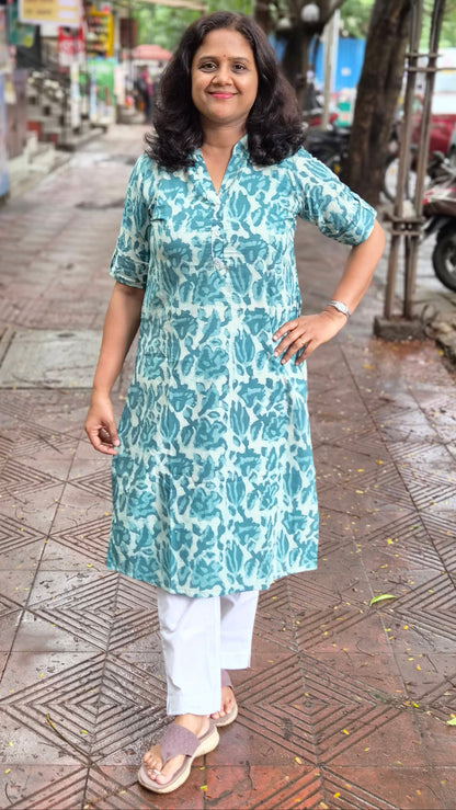 Rama Green Block Printed Cotton Kurta