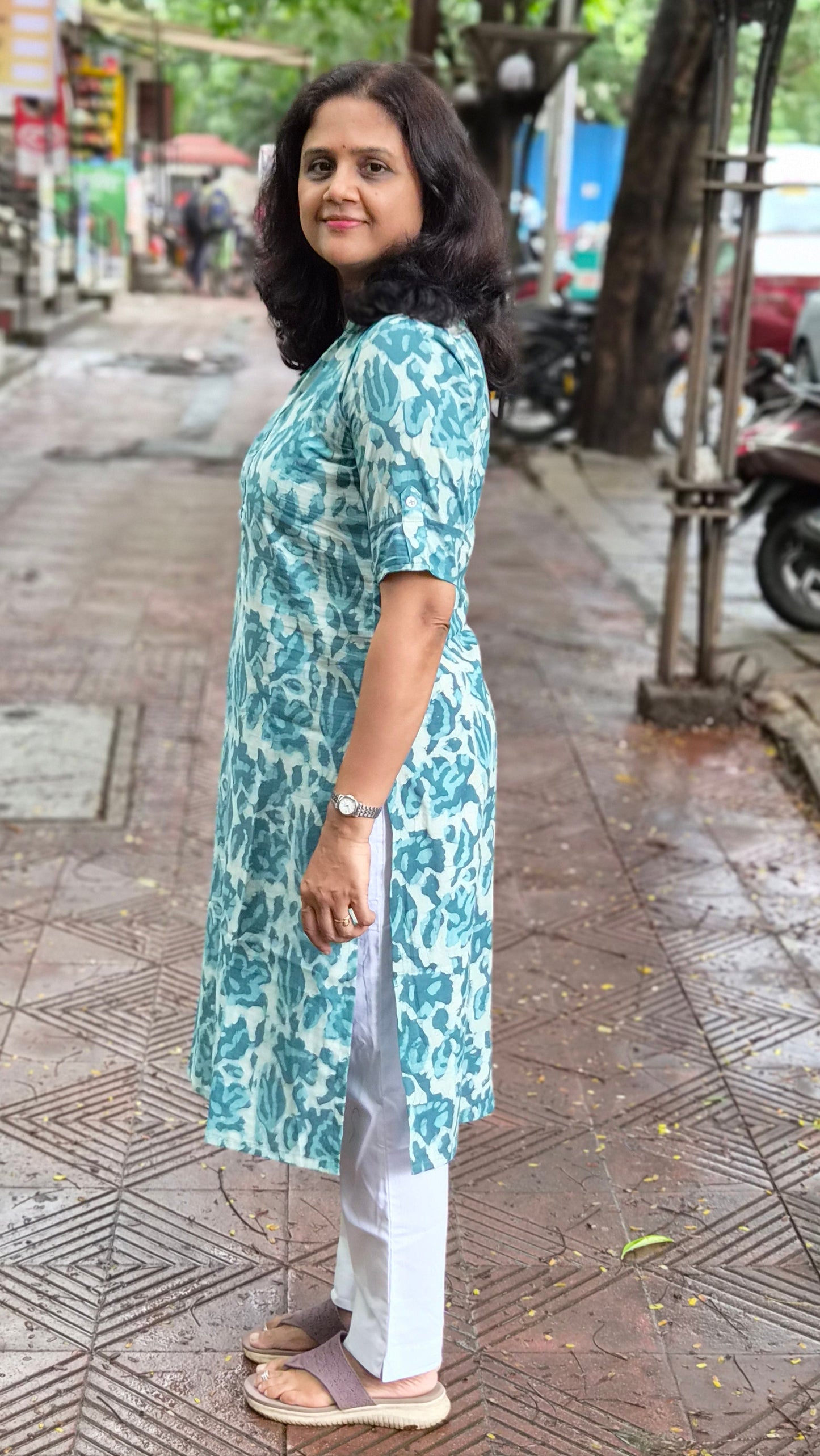 Rama Green Block Printed Cotton Kurta