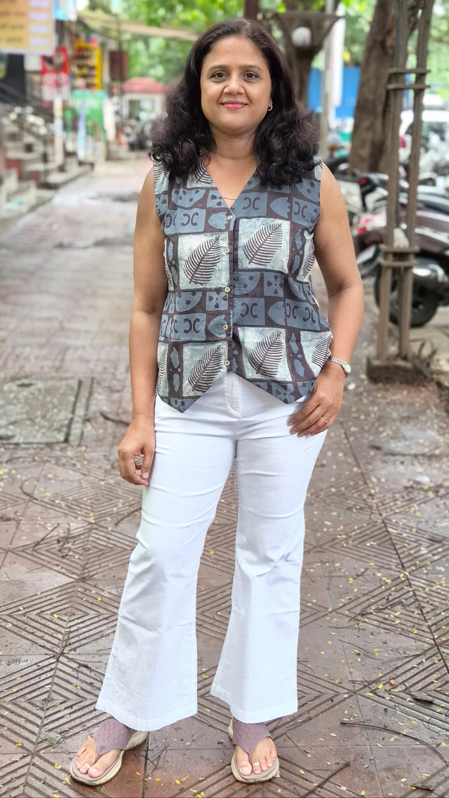Gray hand block printed Waistcoat