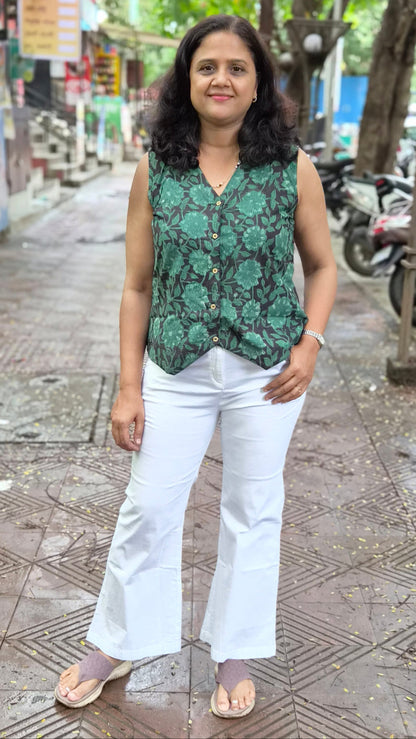 Bottle Green hand block printed Waistcoat