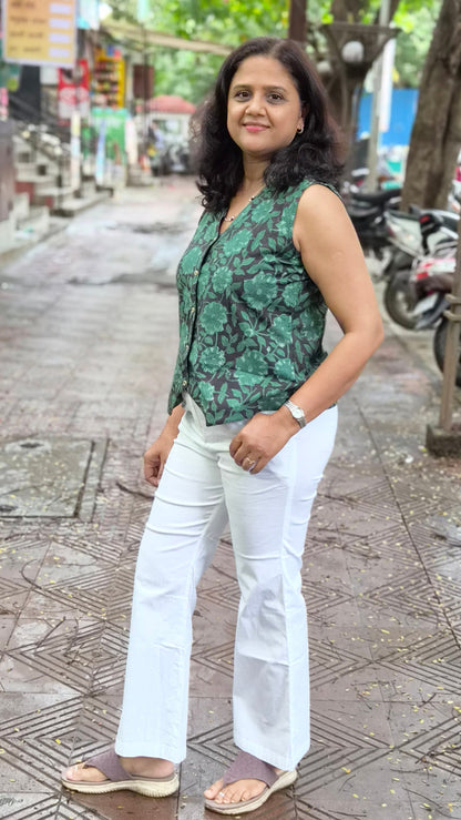Bottle Green hand block printed Waistcoat