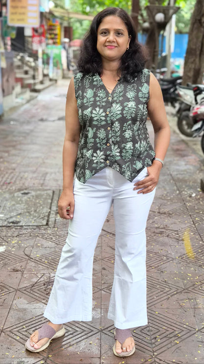 Black hand block printed Waistcoat