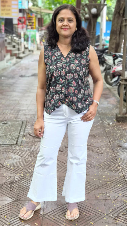 Black hand block printed Waistcoat